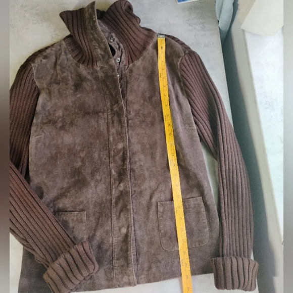 Kim Rogers Suede Leather Jacket Womens XL Brown Ribbed Knit Fisherman Preppy - Picture 12 of 14